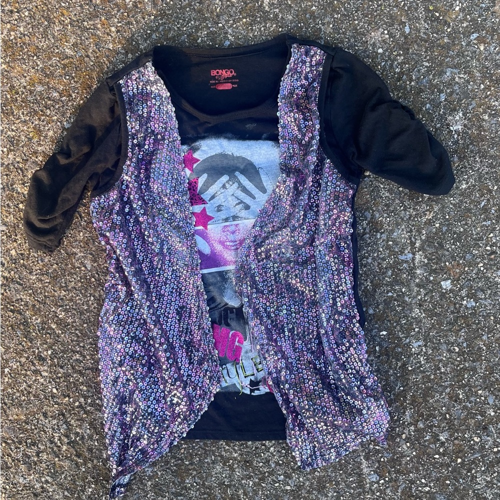 BONGO GIRLS SEQUENCED VESTED BLACK TSHIRT LARGE 12
